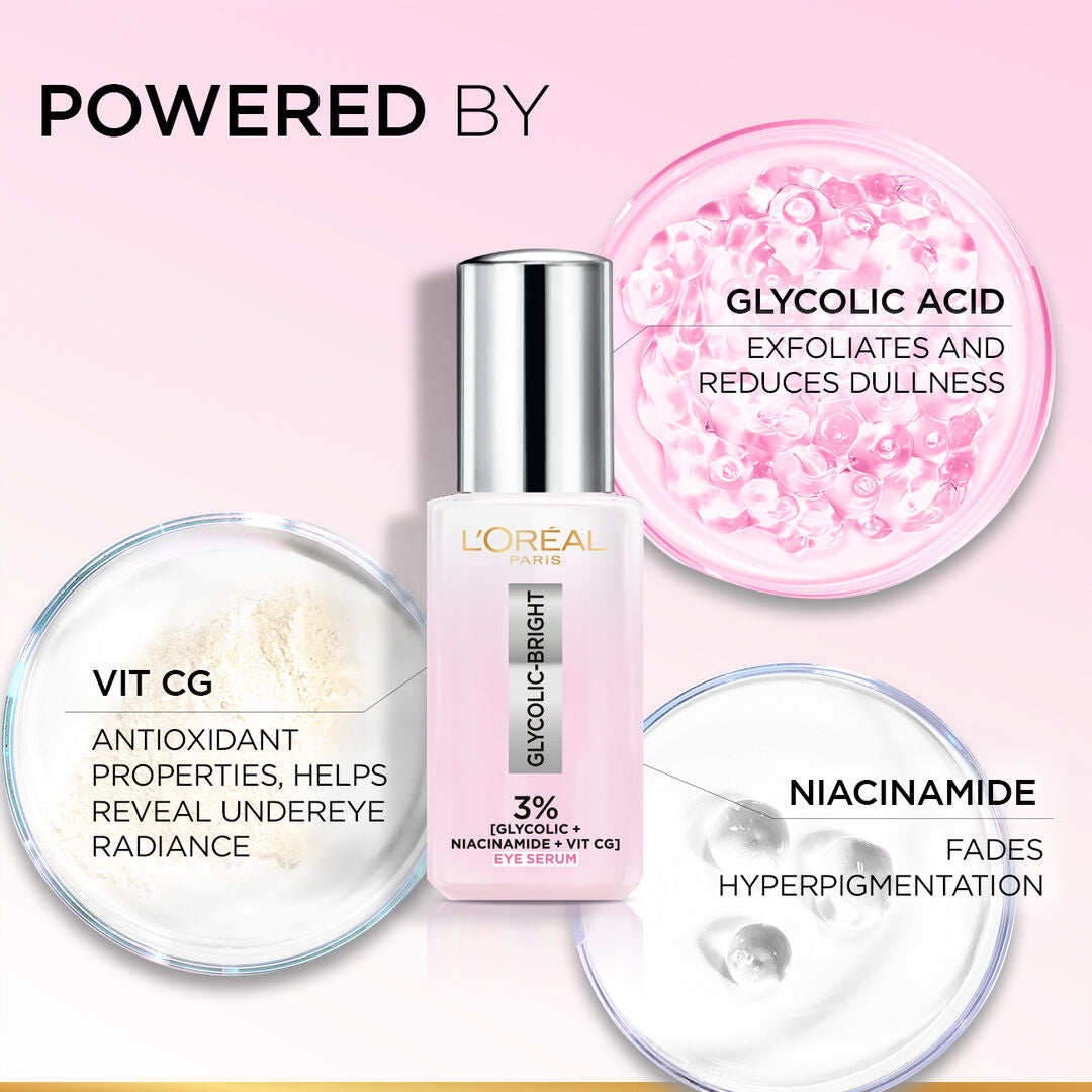 L’Oréal Glycolic Bright eye serum 3% glycolic acid vitamin CG niacinamide for dark circles and puffiness