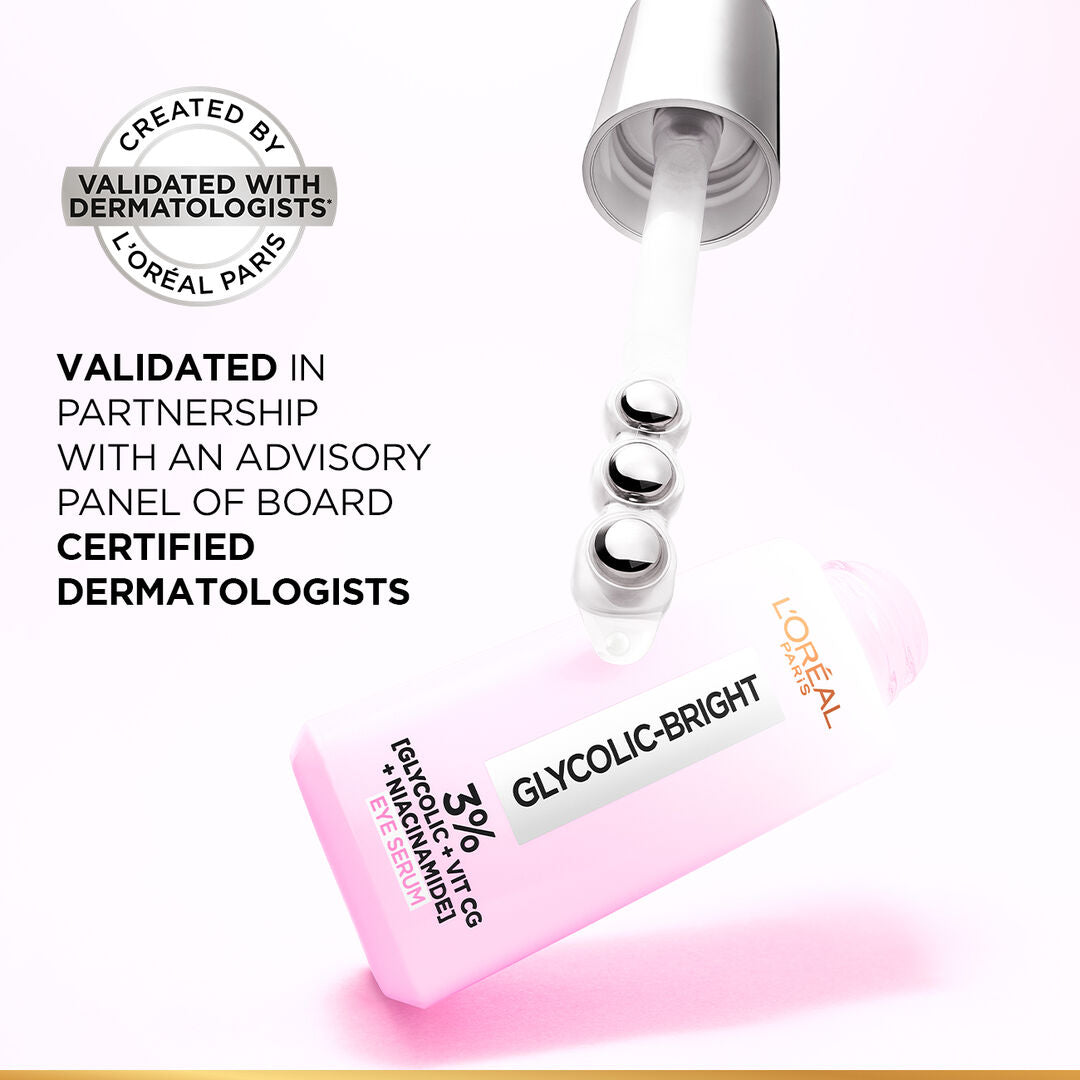 L’Oréal Glycolic Bright eye serum 3% glycolic acid vitamin CG niacinamide for dark circles and puffiness