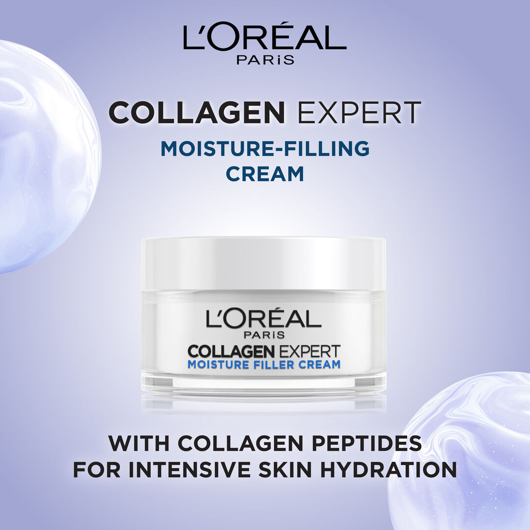 L'Oreal Paris Collagen Expert moisture-filling cream with product packaging on a light blue background.