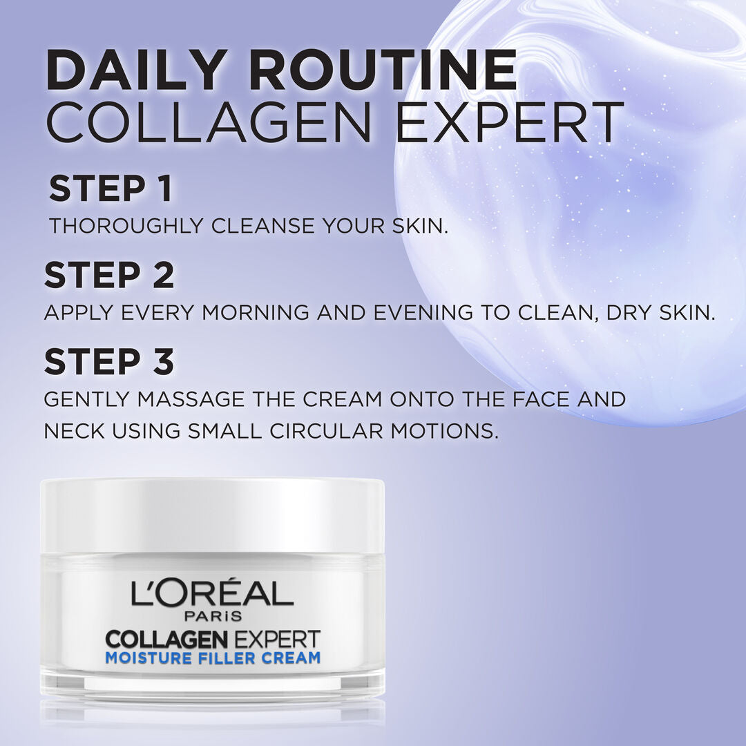 L'Oreal Paris Collagen Expert cream with usage instructions on a light blue background