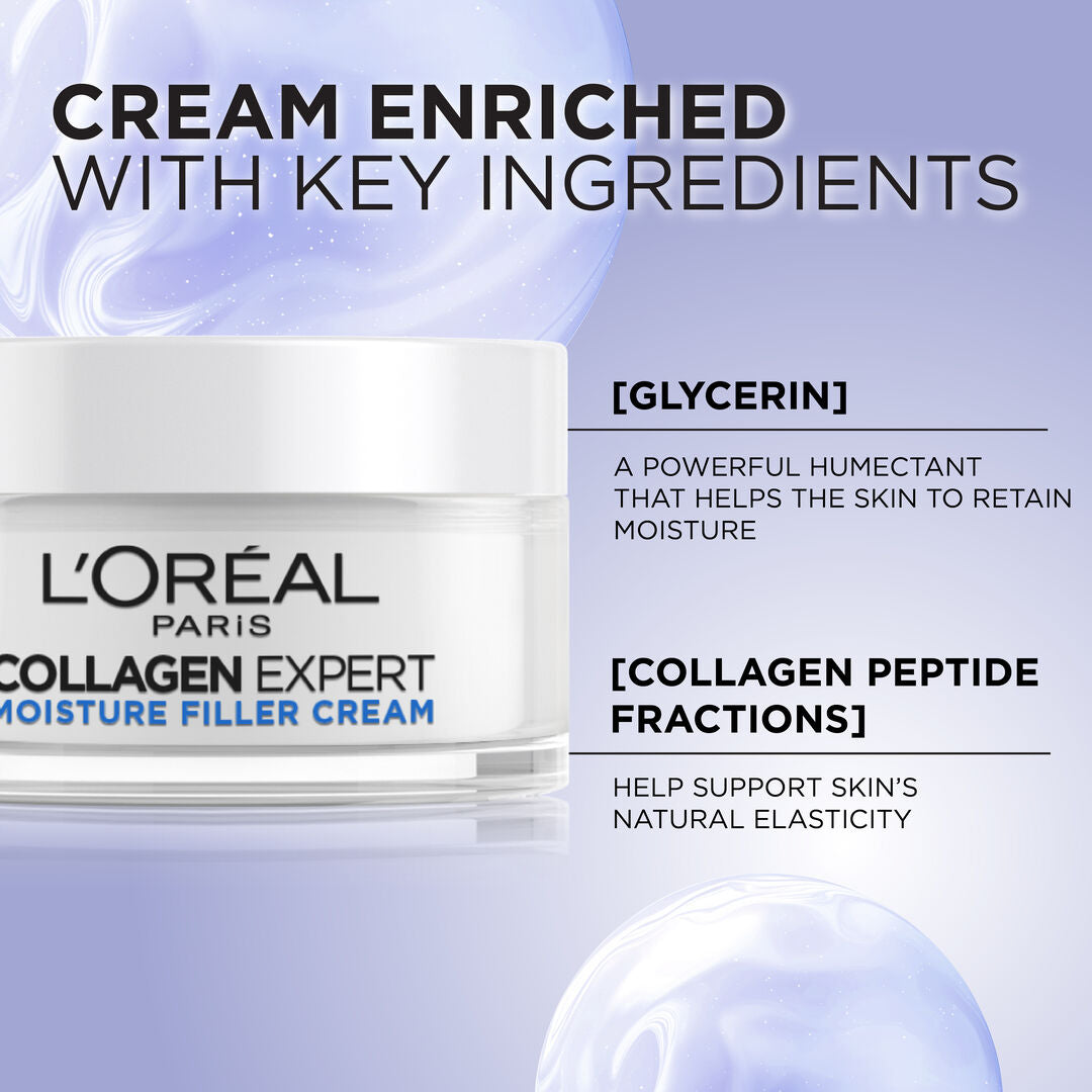 L'Oreal Paris Collagen Expert cream with text about key ingredients on a light purple background