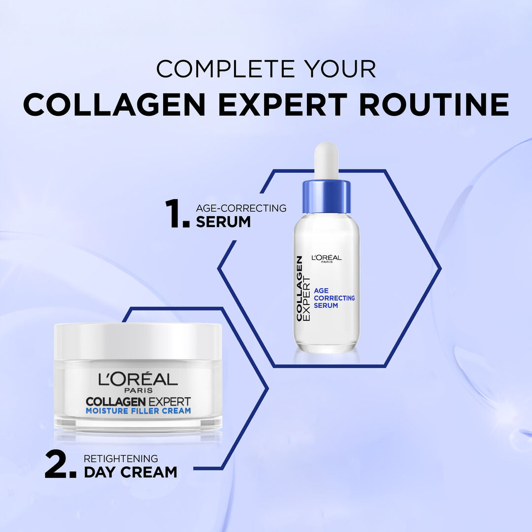 L'Oreal Collagen Expert serum and cream on a light blue background