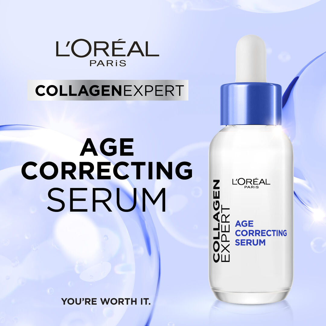 L'Oreal Paris Collagen Expert Age Correcting Serum bottle on a light blue background