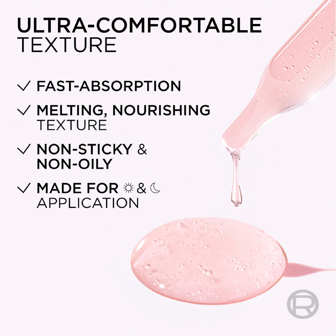 Pink skincare product with text highlighting its features on a white background