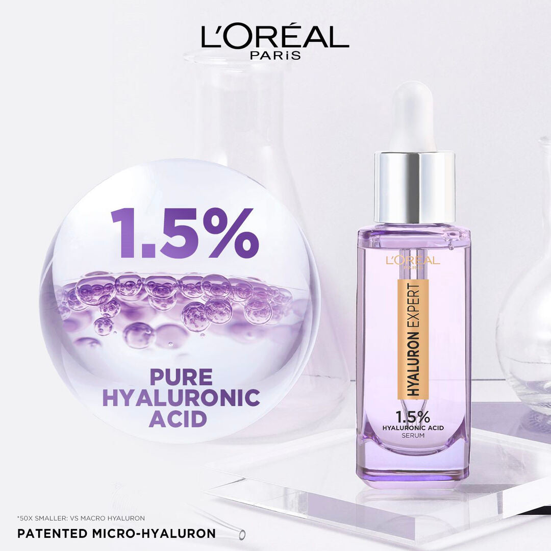 L'Oreal Paris Hyaluron Expert serum with 1.5% pure hyaluronic acid on a white background