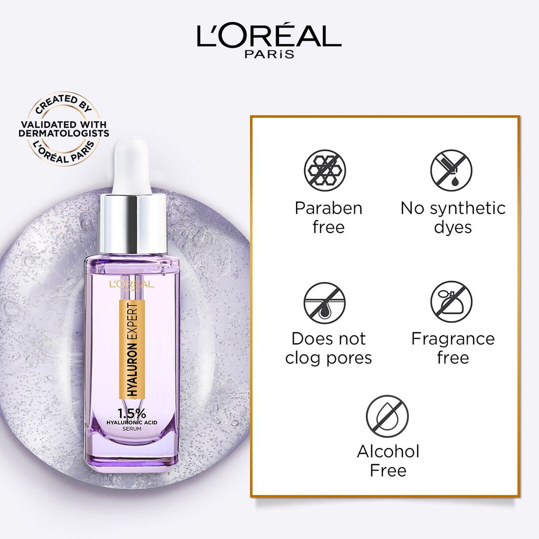 L'Oreal Paris serum bottle with product features on a white background