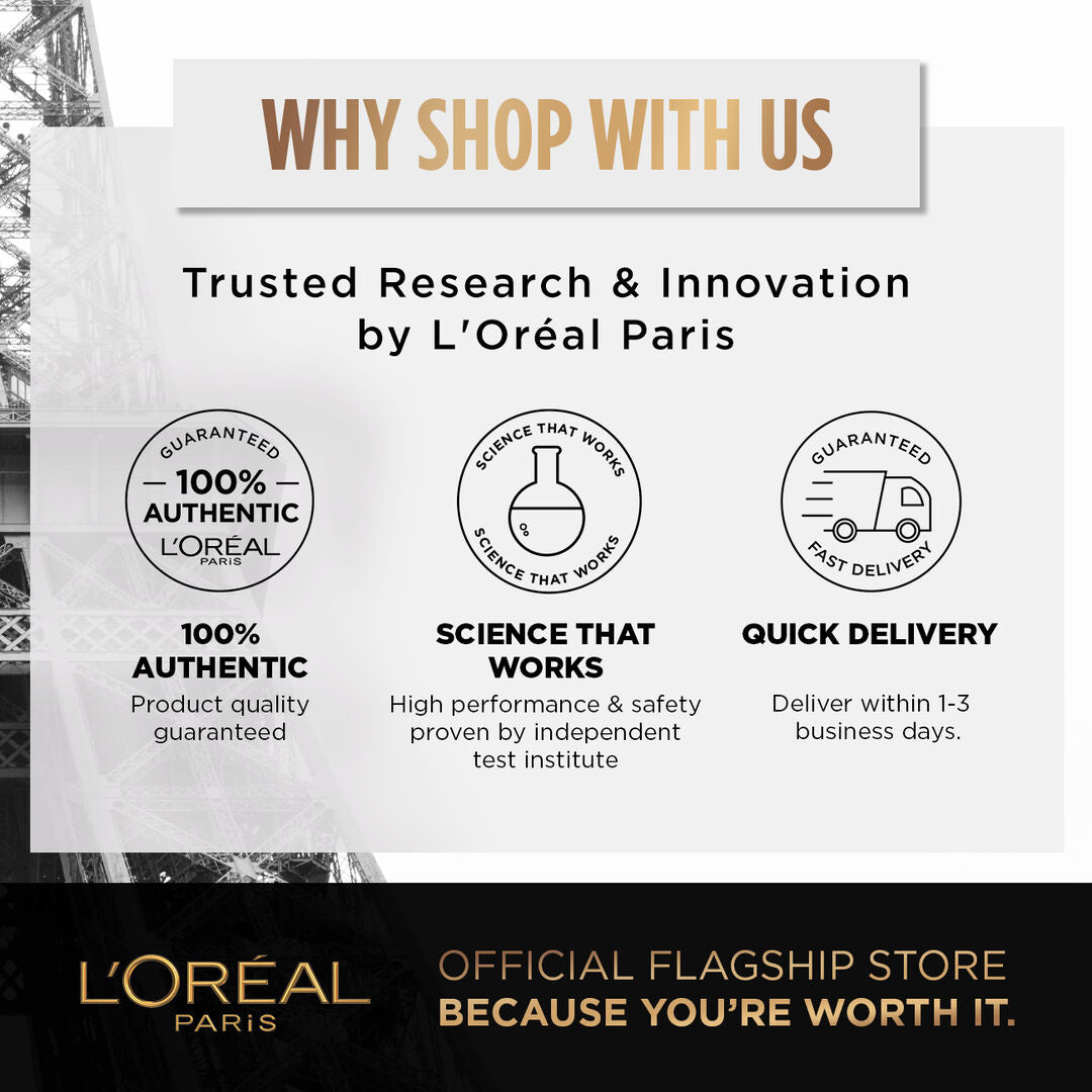 Advertisement for L'Oreal Paris with text about trusted research, innovation, and being an official flagship store.