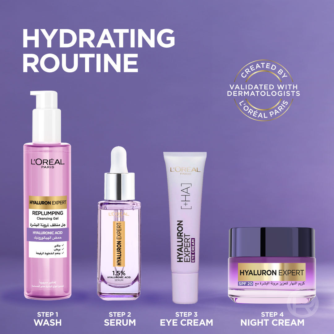 L’Oréal Hyaluron Expert eye cream with hyaluronic acid for hydration and fine lines around eyes