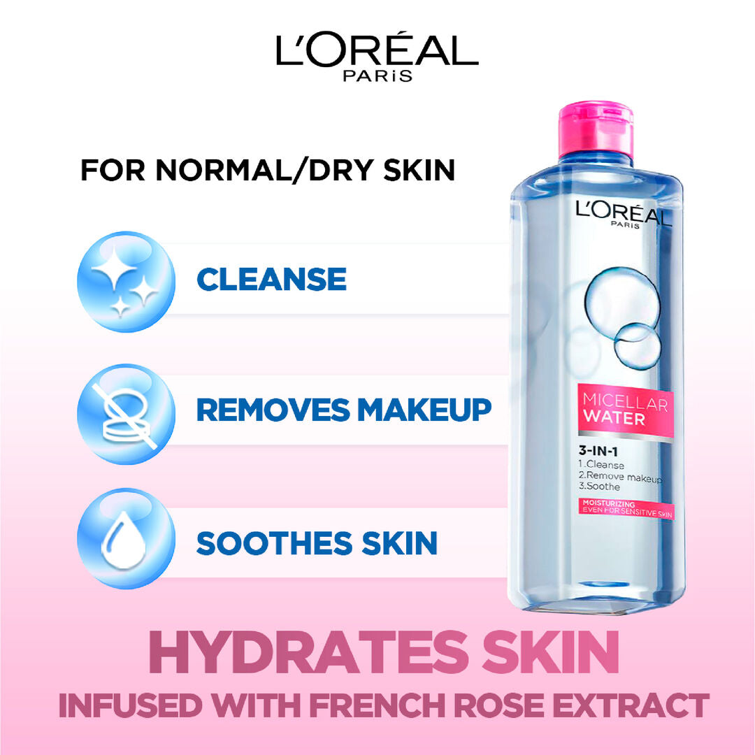 L’Oréal micellar water 3 in 1 400ml makeup remover for sensitive and dry skin with rose extract