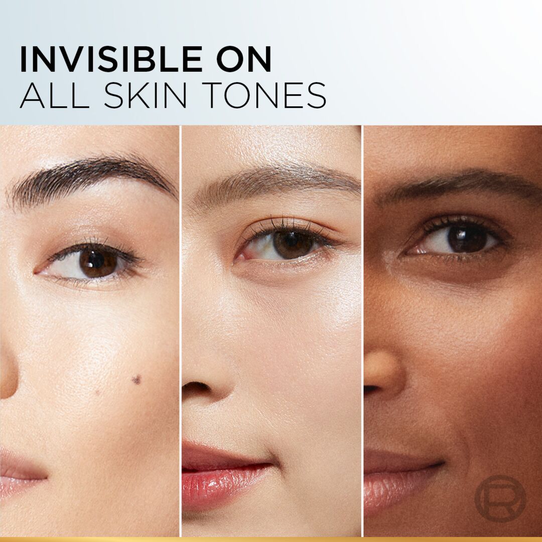 Three close-up views of eyes with different skin tones, labeled 'Invisible on All Skin Tones'.