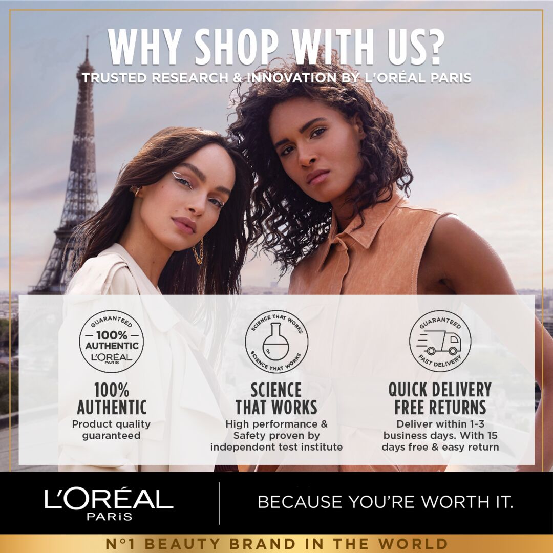 Two women standing in front of the Eiffel Tower with L'Oreal Paris branding and product features listed.