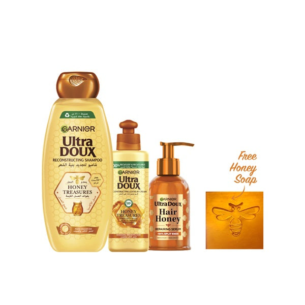 Garnier Ultra Doux Honey Treasures Shampoo + Leave In + Honey Repairing Serum For Damaged Hair + FREE Honey Soap | Loolia Closet
