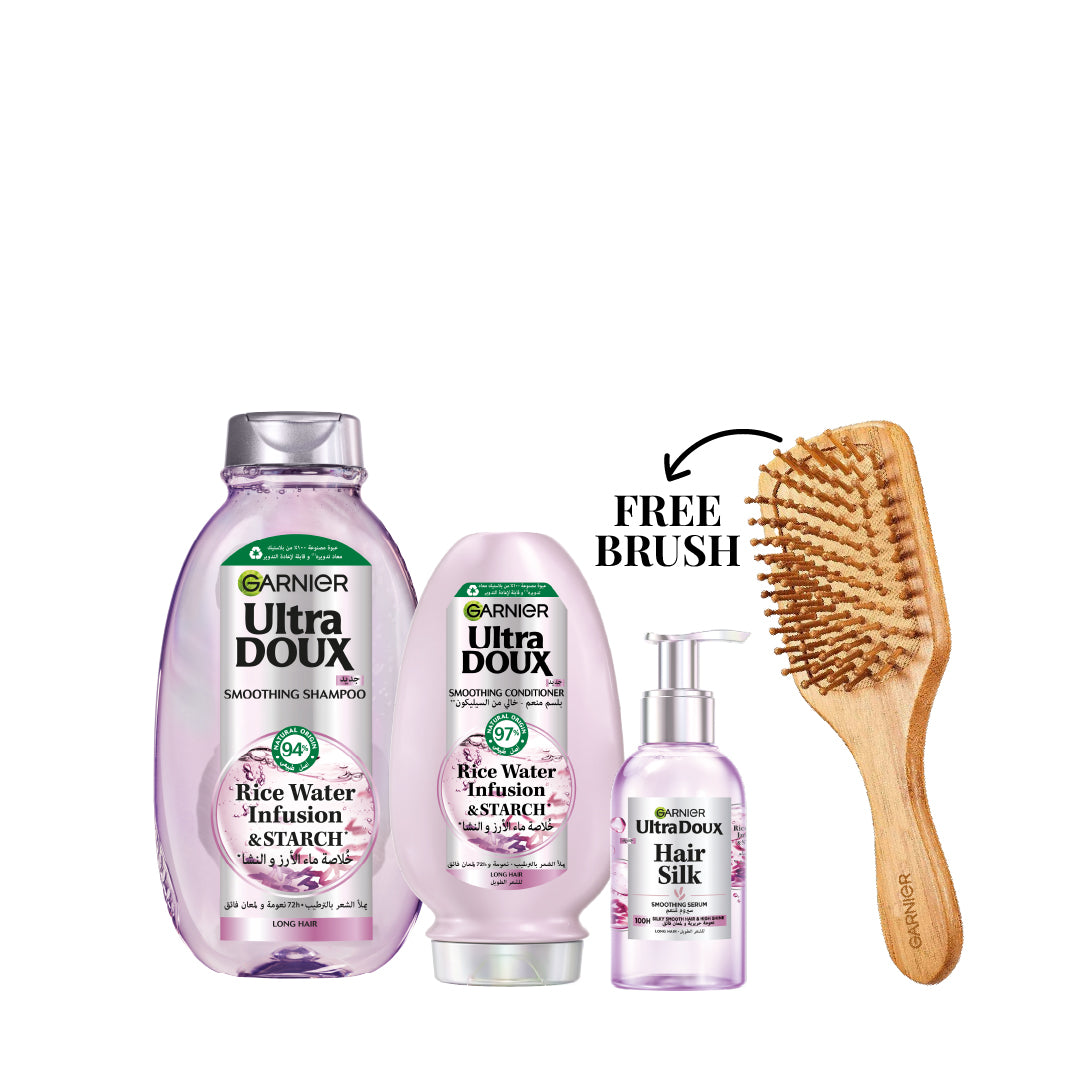 Ultra Doux Rice Water Infusion Shampoo + Conditioner + Hair Silk Serum + FREE Brush