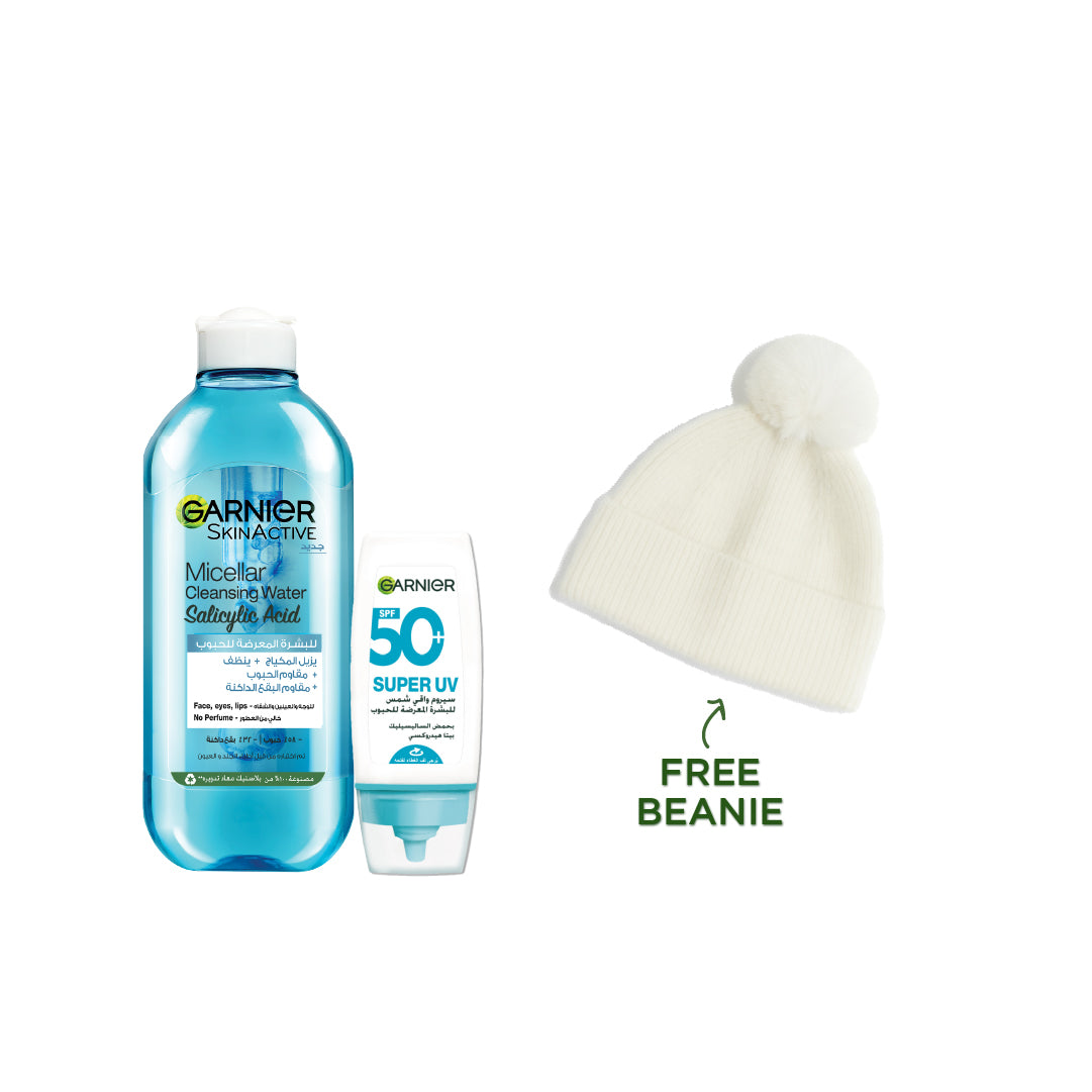 Fast Clear Micellar Water 400 ML + Super UV Anti-Acne Sunscreen 30 ML+ FREE Beanie At 20% OFF