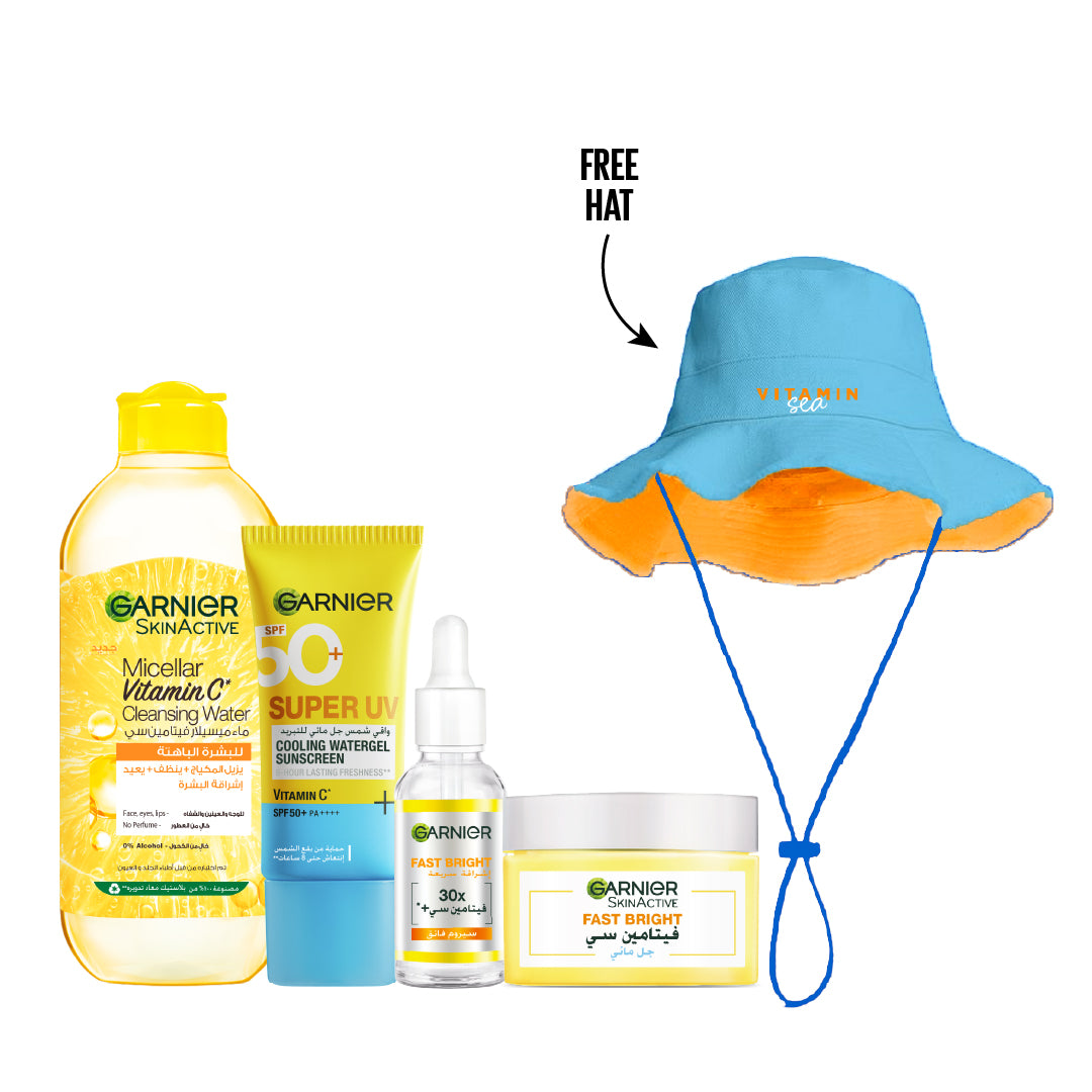 Vitamin C Micellar Water + Super UV Cooling Watergel Sunscreen + Day Serum + Fast Bright Moisturizer + FREE Hat At 25% OFF