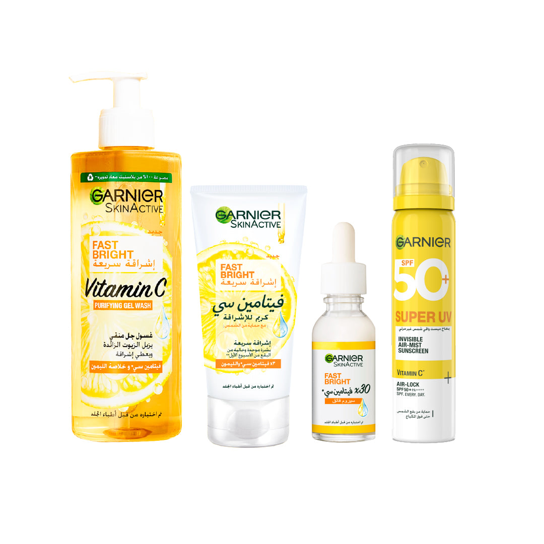 Fast Bright Vitamin C Brightening Purifying Face Gel Wash 400ML + Skin Active Fast Bright Vitamin C 30ML + Skin Active Fast Bright Day Cream 50ML + Super UV Invisible Air Mist Face & Body Sunscreen 75ML at 20% OFF 