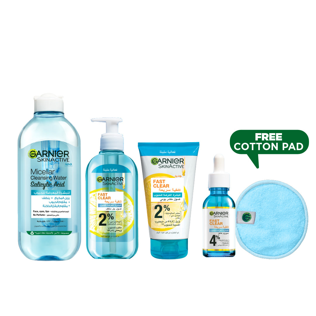 Salicylic Acid Micellar Water 400 ML + Fast Clear [2%] Salicylic Acid & Vitamin C 200 ML + Fast Clear [2%] Salicylic Acid & Vitamin C 150 ML + Fast Clear 4% Salicylic Acid, Vitamin C, Niacinamide, AHA 30ML + FREE Cotton Pads