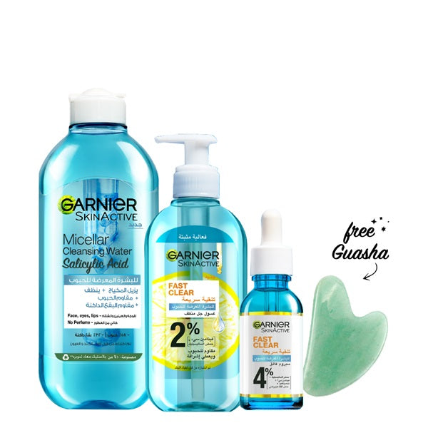 Garnier Fast Clear Serum 30 ML + Micellar 400 ML + Gel Wash 200 ML + FREE Guasha At 20% OFF | Loolia Closet