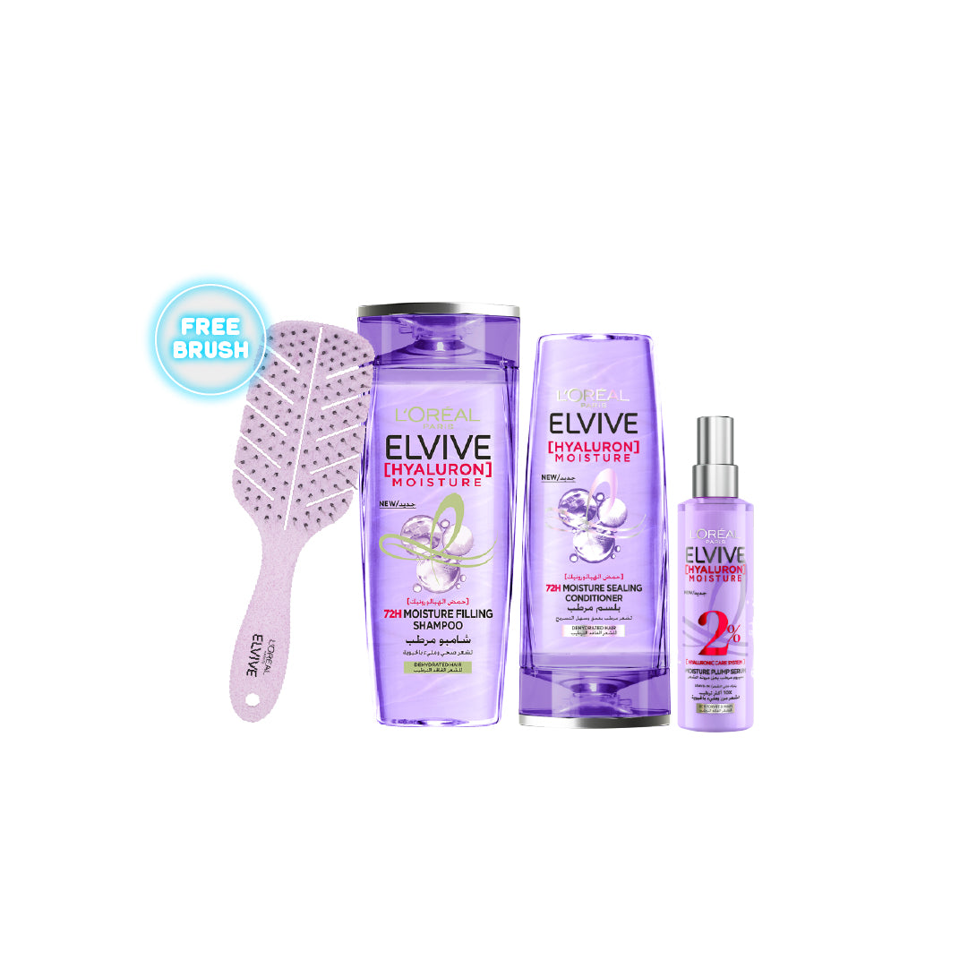 Elvive Hyaluron Moisture Shampoo 400 ML + Conditioner 200 ML + Spray Serum 150 ML + FREE Brush At 20% OFF