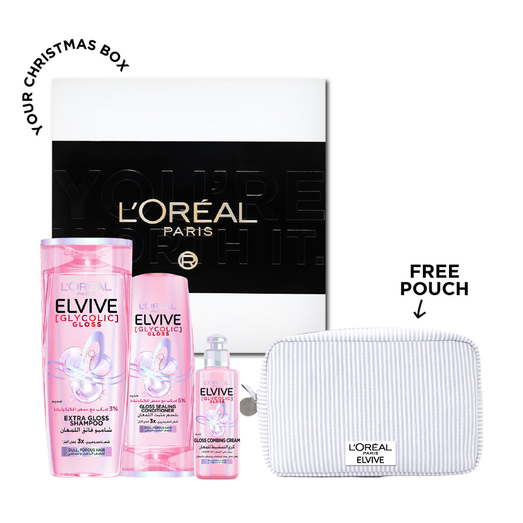 Elvive Glycolic Gloss Shampoo 400 ML + Conditioner 200 ML + Leave-in 200 ML + FREE Gift Box + FREE OAP Pouch