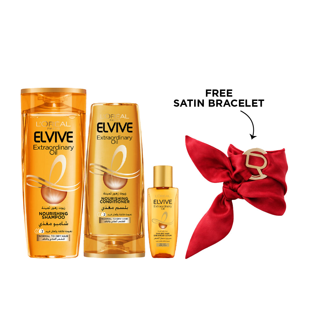 Elvive Extraordinary Oil Shampoo 400ML + Conditioner 200ML + Hair Oil 50ML + FREE Satin Bracelet At 20% OFF
