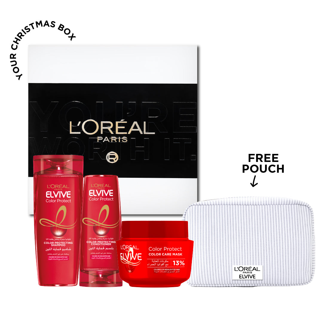 Elvive Color Protect Shampoo 400 ML + Conditioner 200 ML + Mask 300 ML + FREE Gift Box + FREE Purple & White Pouch At 20% OFF