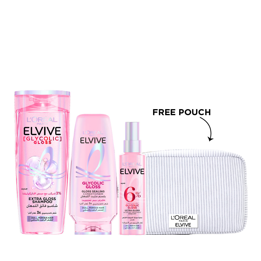 L'Oréal Elvive Glycolic Gloss Shampoo + Conditioner + Acidifier + FREE Pouch At 15% OFF