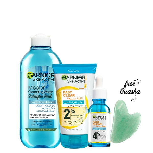 Garnier Fast Clear Serum 30 ML + Micellar 400 ML + Wash 150 ML + FREE Guasha At 20% OFF | Loolia Closet